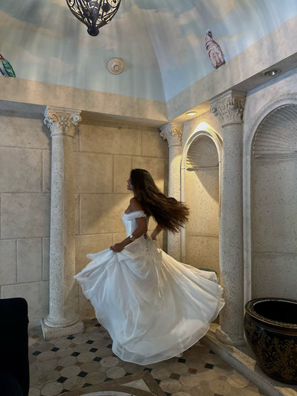 Off-the-Shoulder Corset Wedding Dress with Pick-Up Skirt