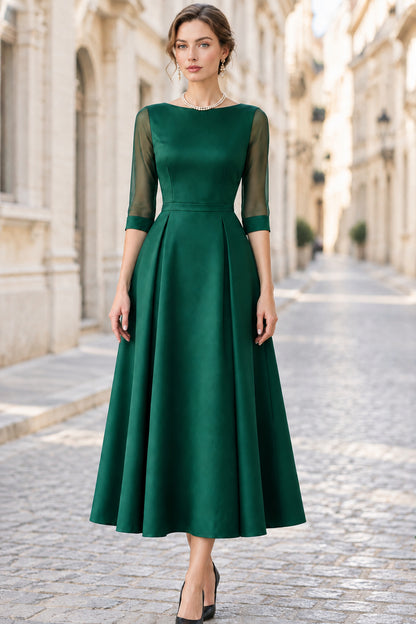 Bateau Neck Tea-Length A-Line Dress with Sheer Sleeves