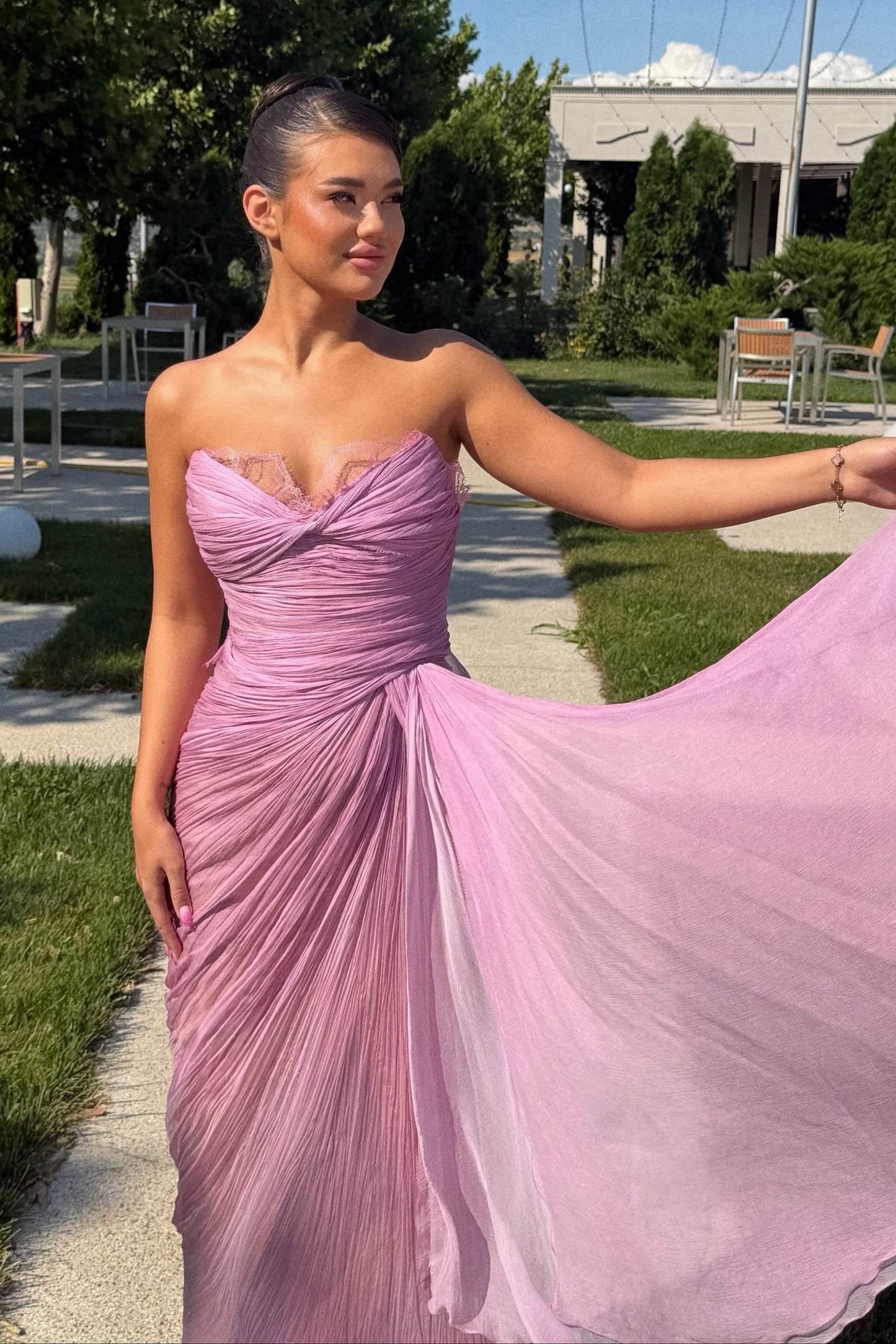 Strapless Sweetheart Pleated Evening Gown with Tie Back