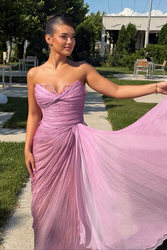 Strapless Sweetheart Pleated Evening Gown with Tie Back