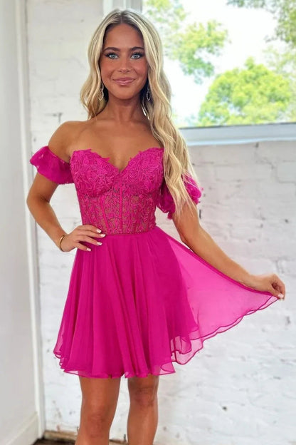 Off-Shoulder Lace Corset Fit-and-Flare Mini Dress