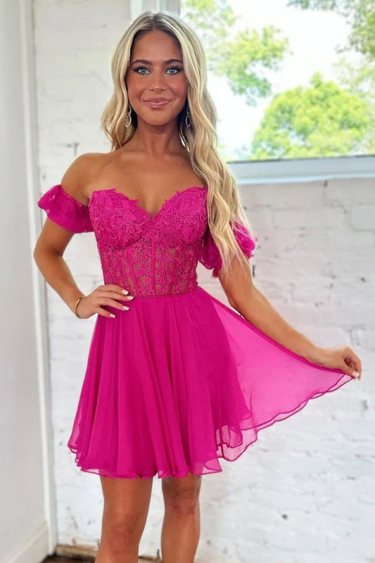 Off-Shoulder Lace Corset Fit-and-Flare Mini Dress