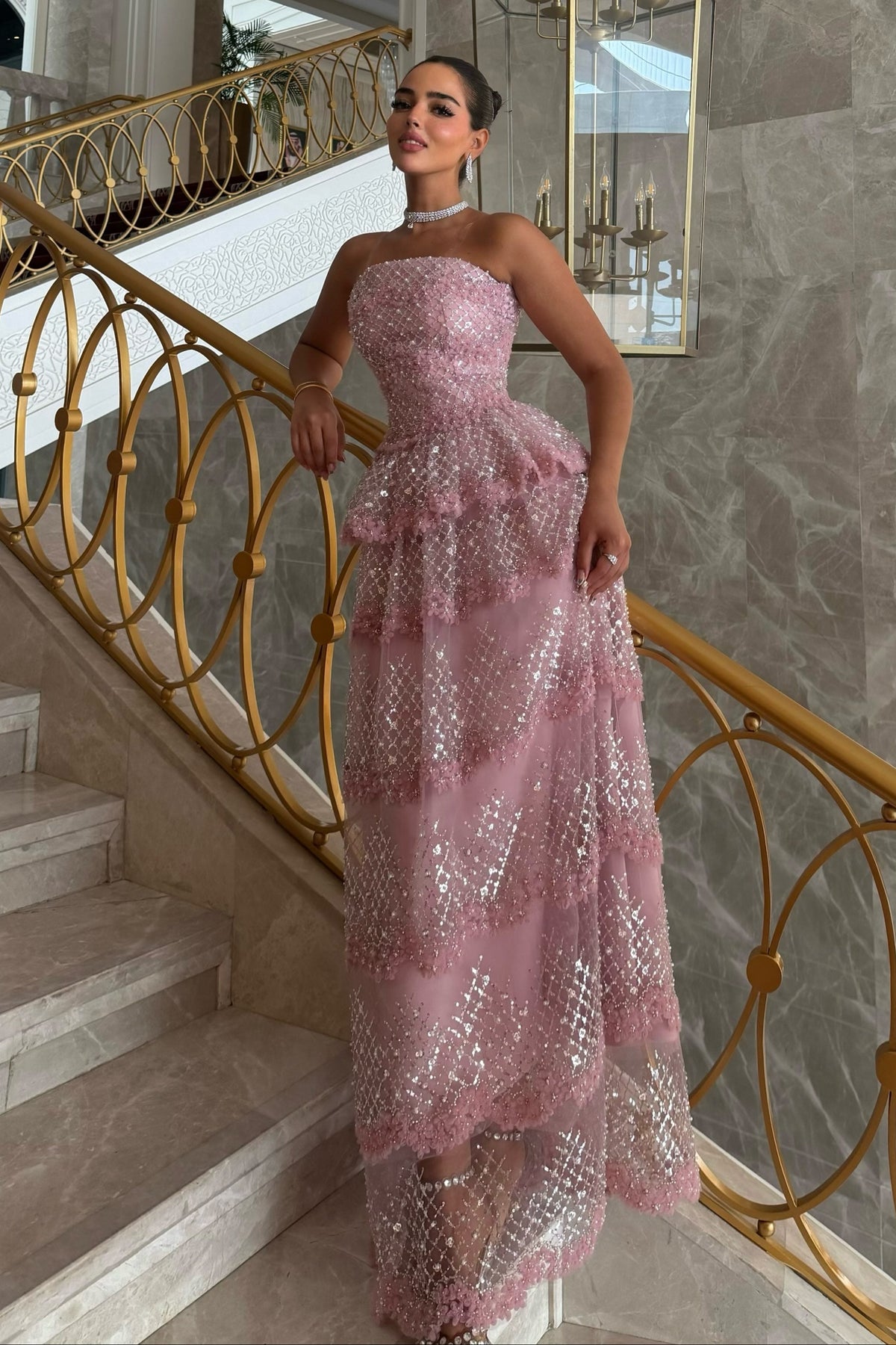 Strapless Tiered Sequin Evening Gown with Peplum