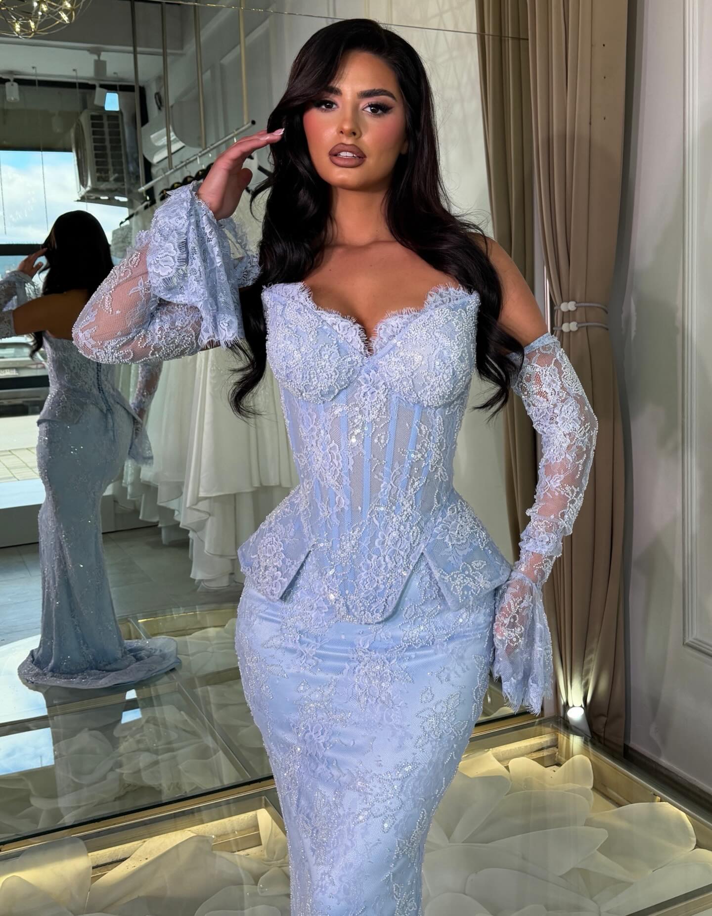 Off-Shoulder Corset Lace Mermaid Gown with Bell Sleeves