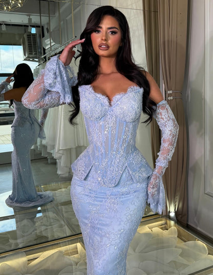 Off-Shoulder Corset Lace Mermaid Gown with Bell Sleeves