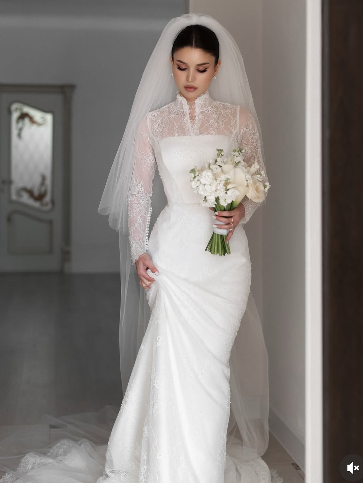 Lace High Neck Long Sleeve Wedding Dress with Corset