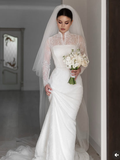 Lace High Neck Long Sleeve Wedding Dress with Corset