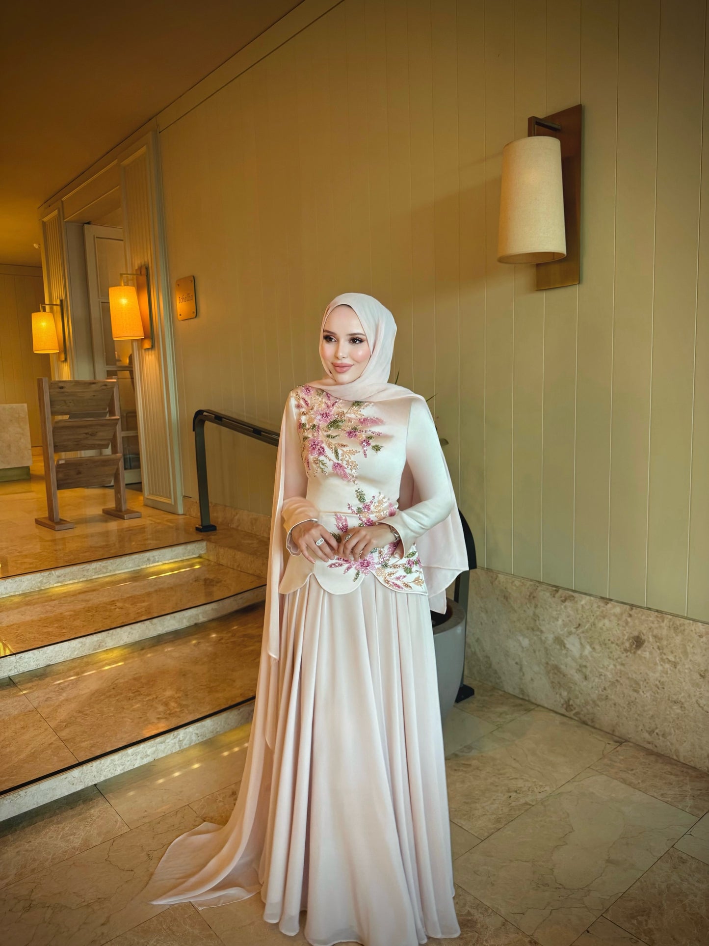 Embroidered Long Sleeve Evening Gown with Cape