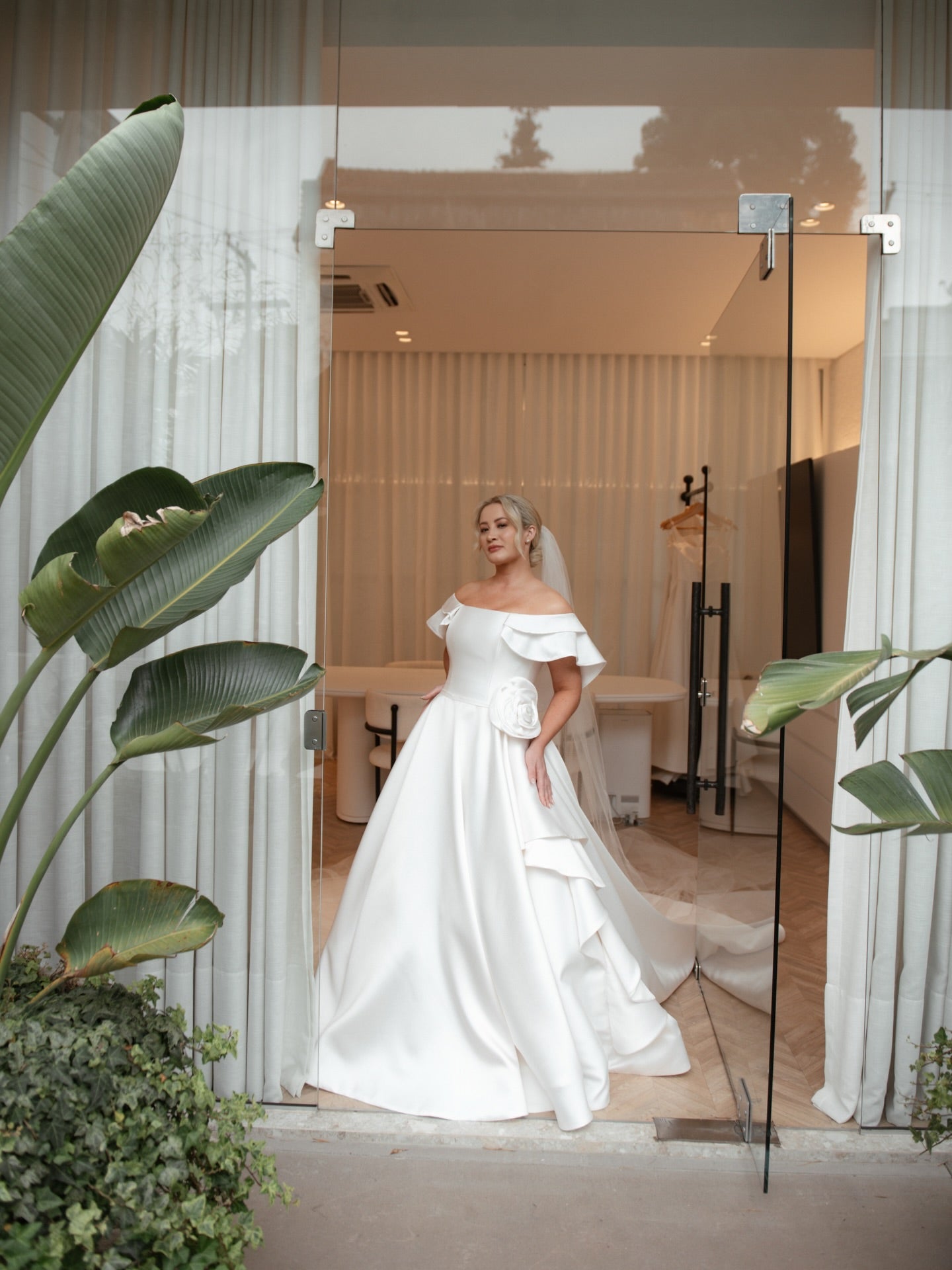 Off-Shoulder Satin A-Line Wedding Dress with 3D Flower