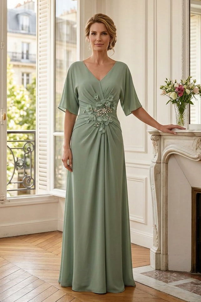 V-Neck Flutter Sleeve Gown with Floral Applique