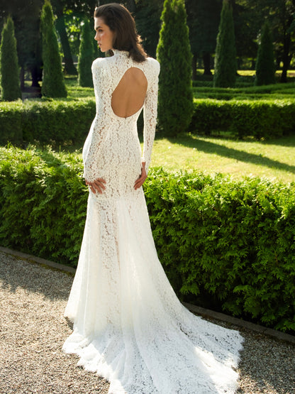 High Neck Lace Open Back Mermaid Wedding Dress