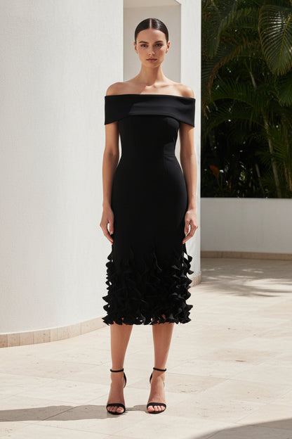 Off-the-Shoulder Ruffle Hem Midi Dress