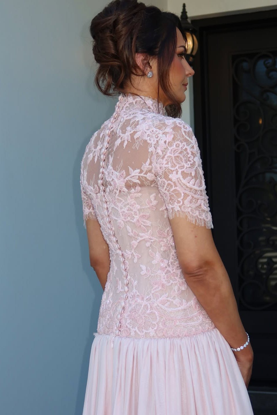 High Neck Lace Bodice A-Line Gown with Short Sleeves