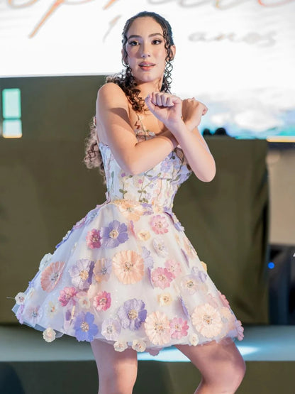 3D Floral Applique Short Corset Homecoming Dress