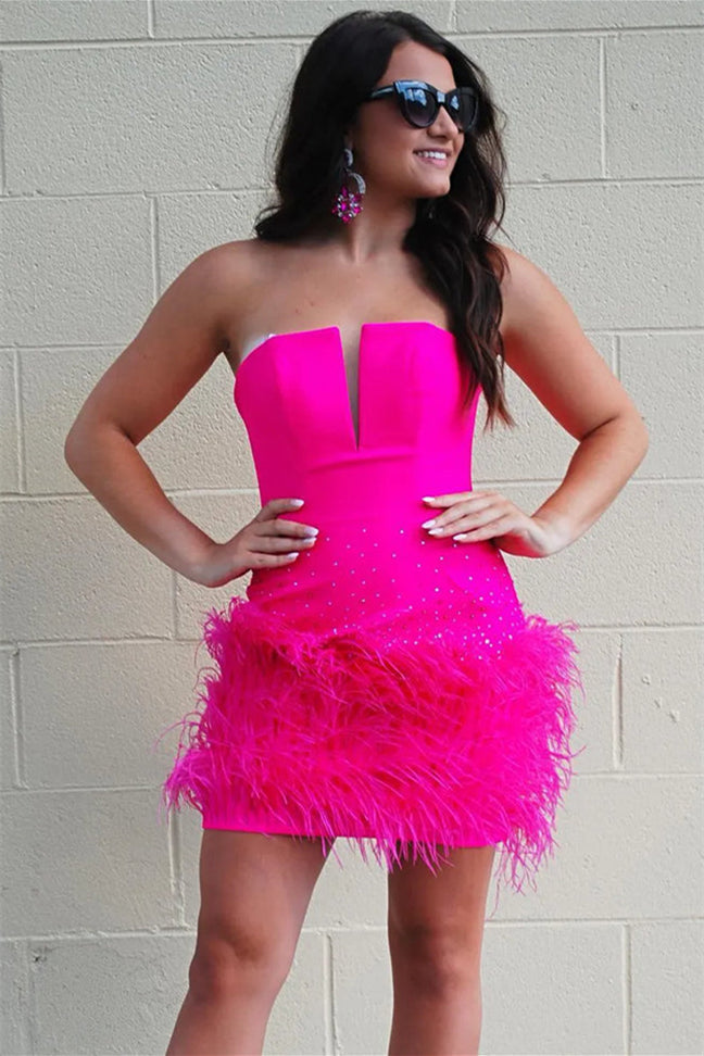 Strapless Feather Hem Mini Dress with Plunge