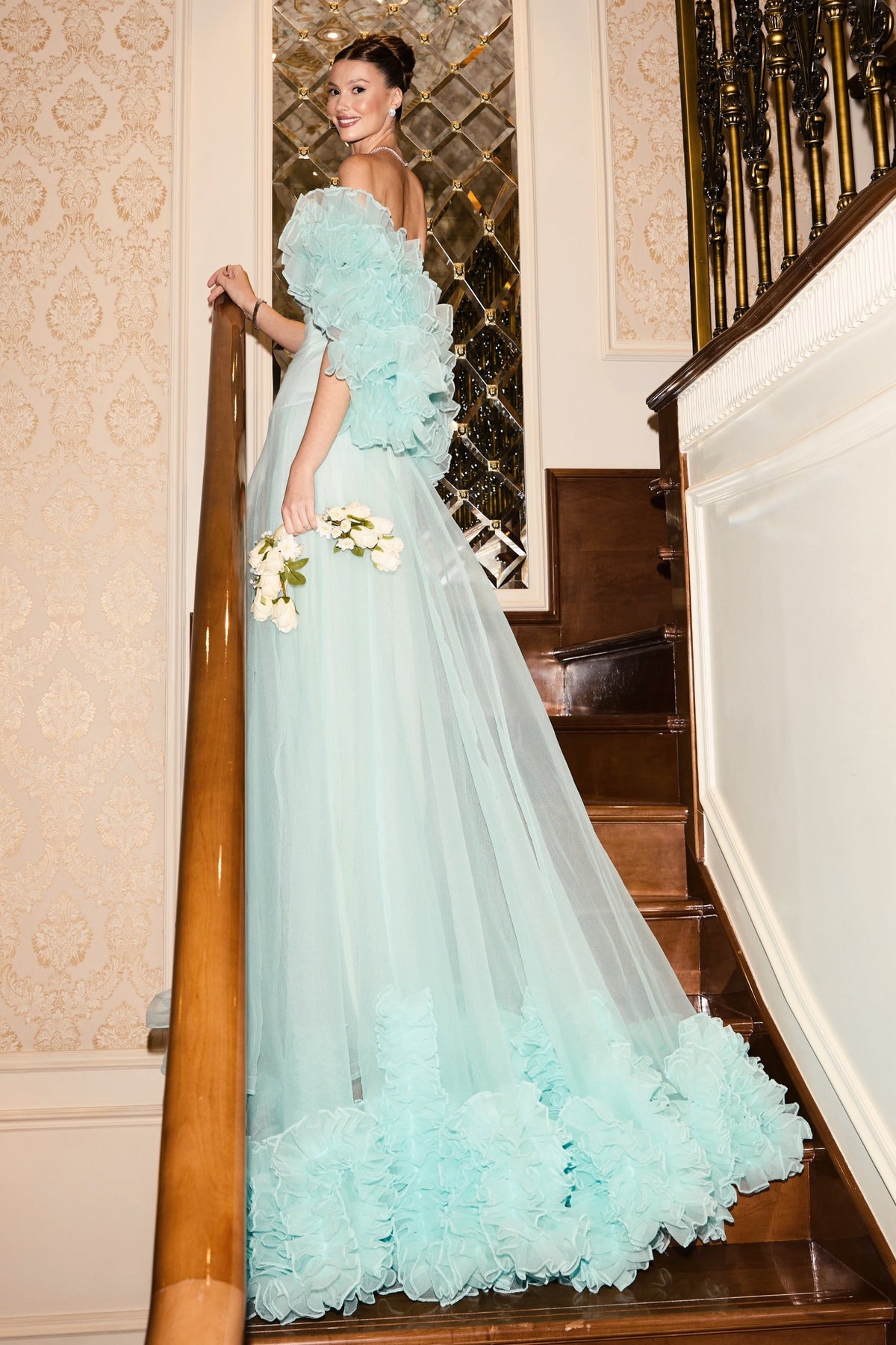 Tulle A-Line Gown with Ruffled Arm Cuffs