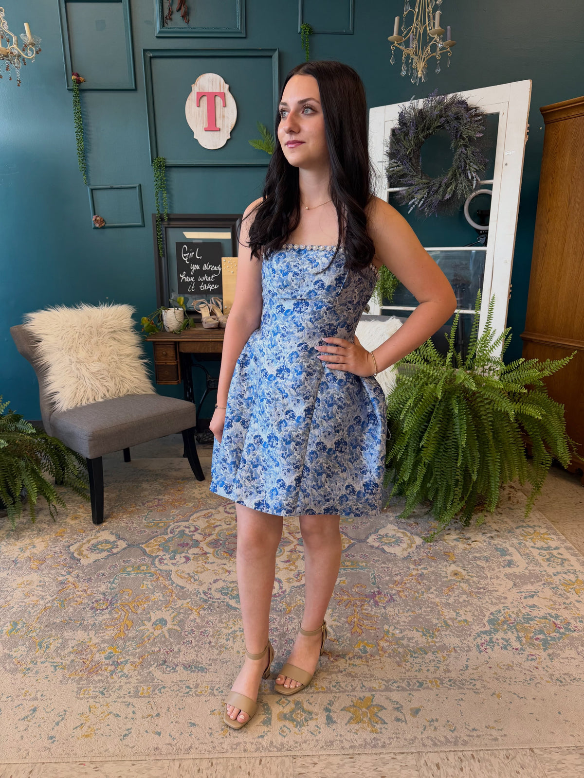 Floral Jacquard Strapless Mini Dress with Back Bow