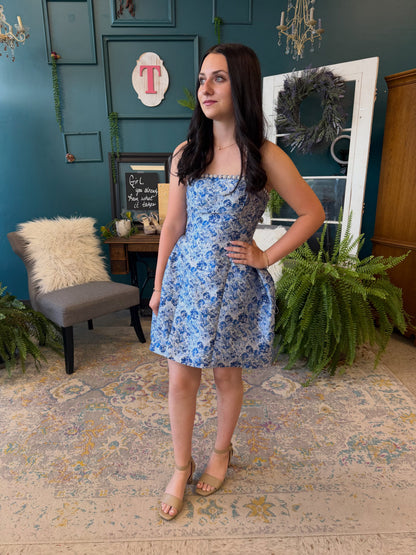 Floral Jacquard Strapless Mini Dress with Back Bow