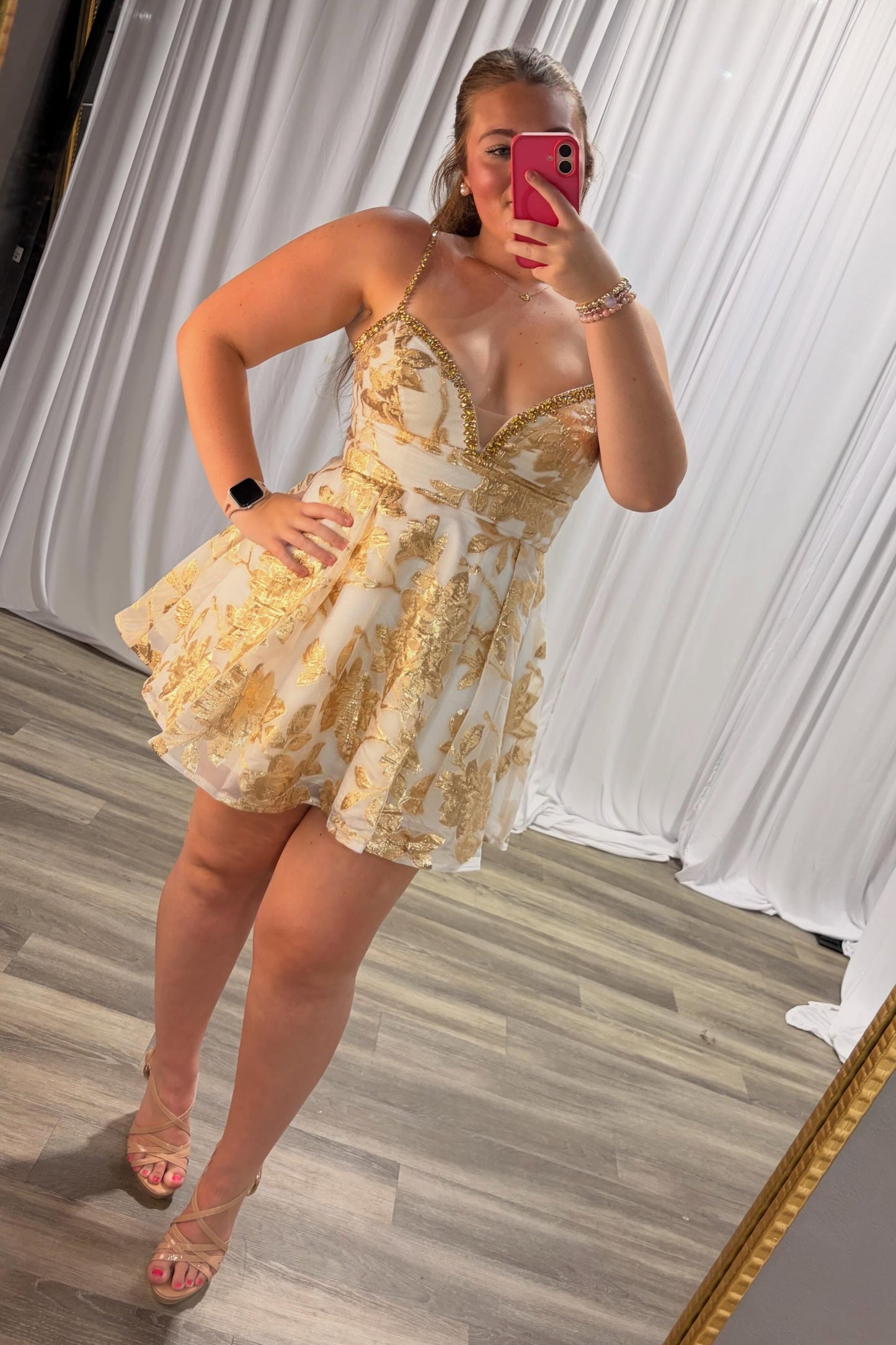 Floral Jacquard A-Line Mini Dress with Beaded Straps