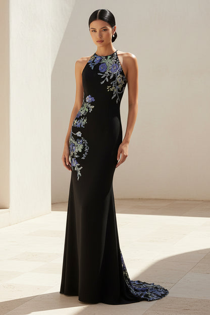 Embellished Illusion Back Column Gown