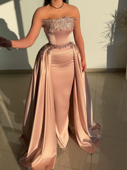 Strapless Satin Evening Gown with Detachable Overskirt