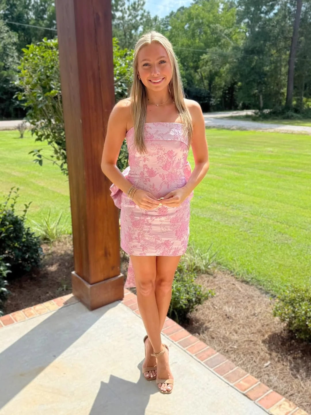 Strapless Jacquard Mini Dress with Back Bow