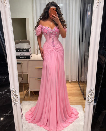 Off-The-Shoulder Chiffon Evening Gown with 3D Flowers