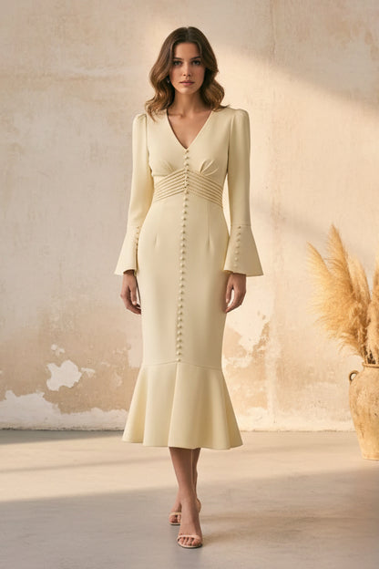 Crepe Midi Dress with Bell Sleeves & Button Detail