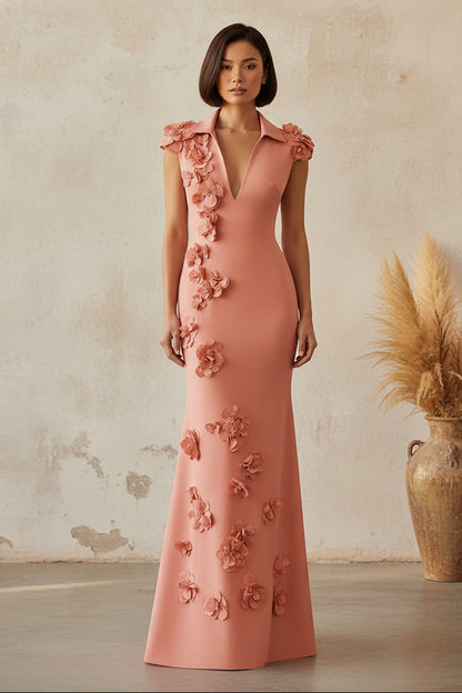 Collared V-Neck Mermaid Evening Gown with 3D Flowers