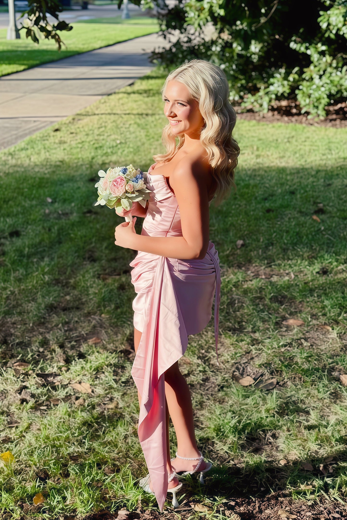 Strapless Cowl Neck Satin Bodycon Mini Dress