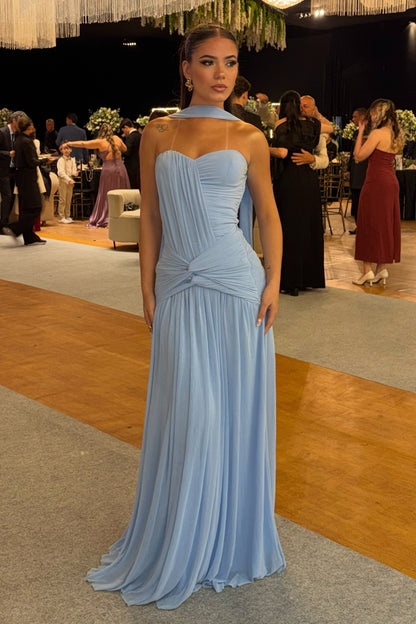 Ruched Sweetheart Gown with Attached Neck Scarf