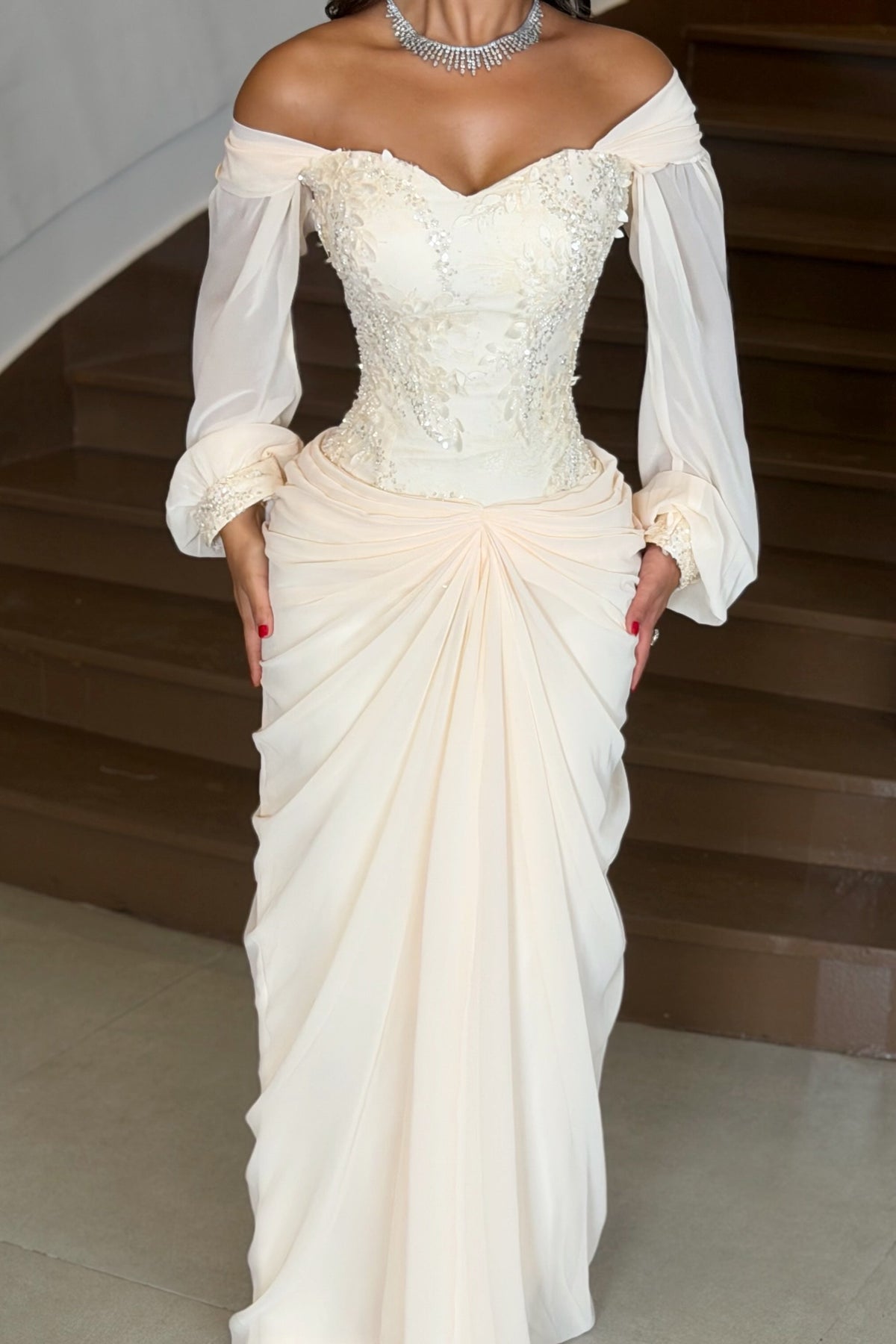 Embroidered Corset Gown with Draped Maxi Skirt