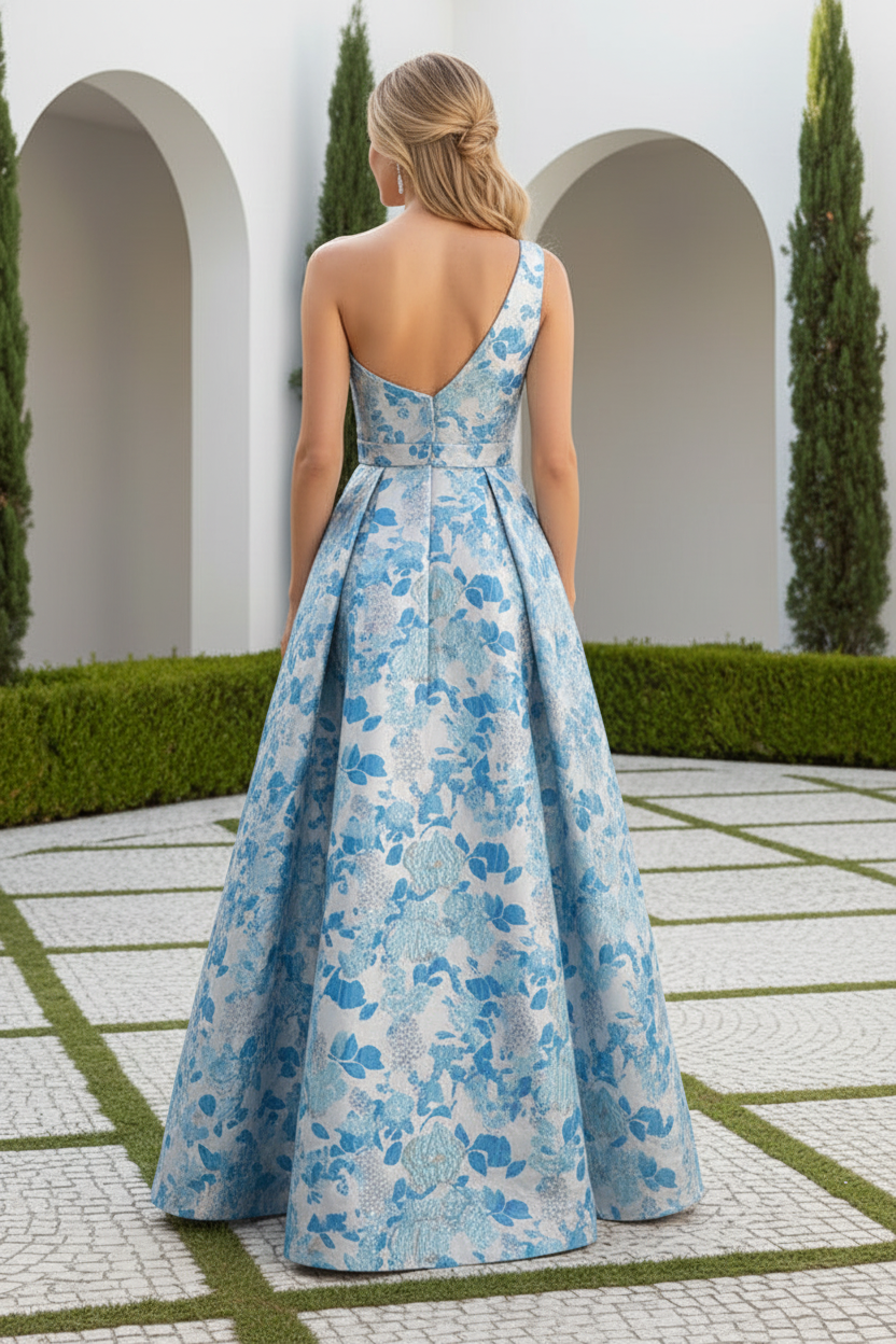 One Shoulder Floral Jacquard A-Line Evening Gown