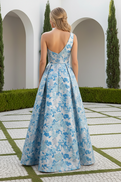 One Shoulder Floral Jacquard A-Line Evening Gown
