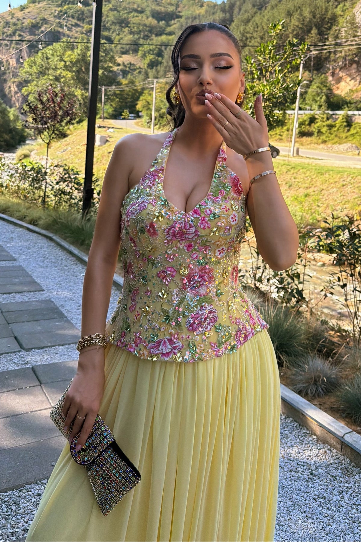 Embroidered Bodice Halter Gown with Chiffon Skirt