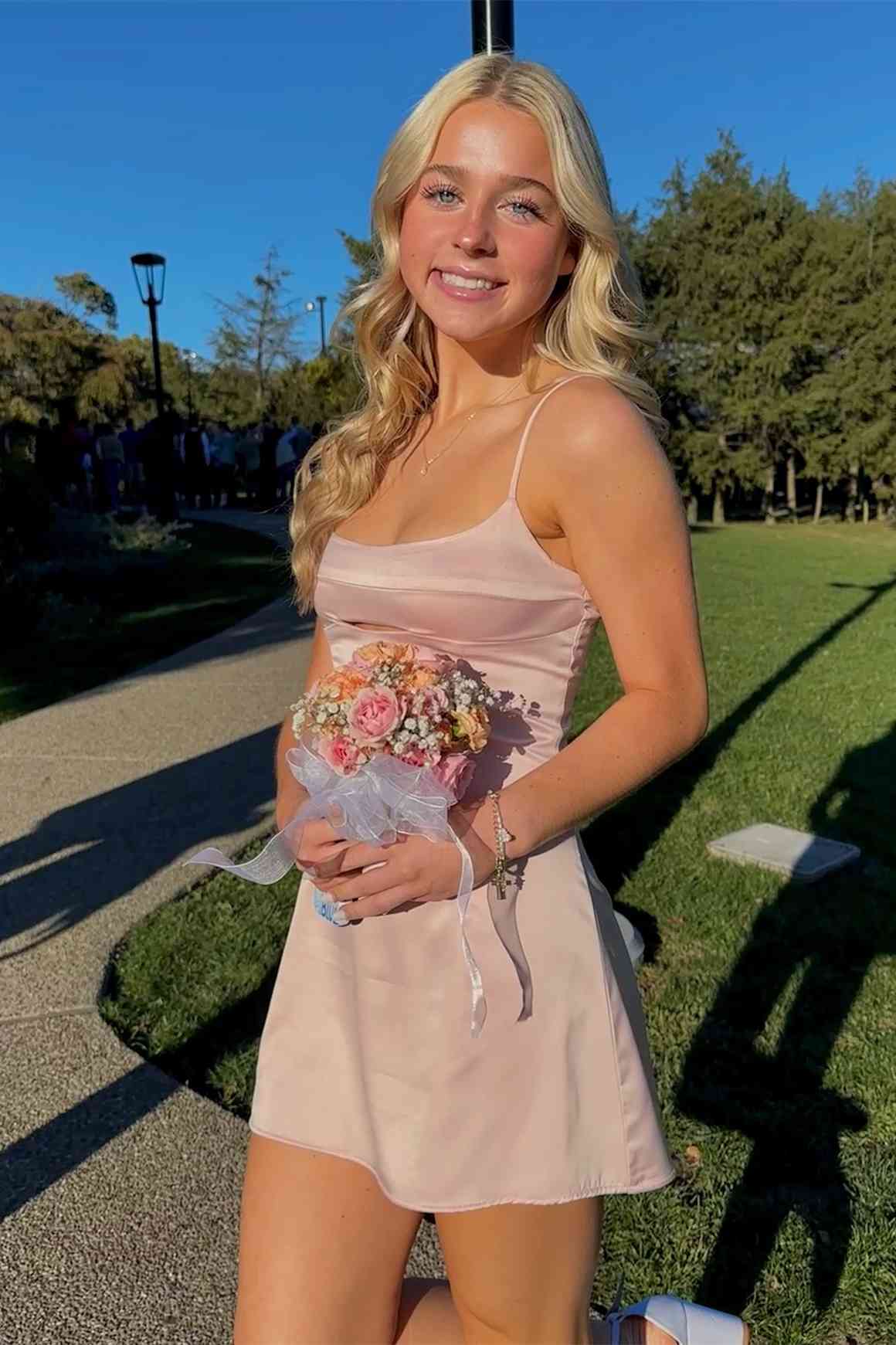 Satin Spaghetti Strap Mini Homecoming Dress