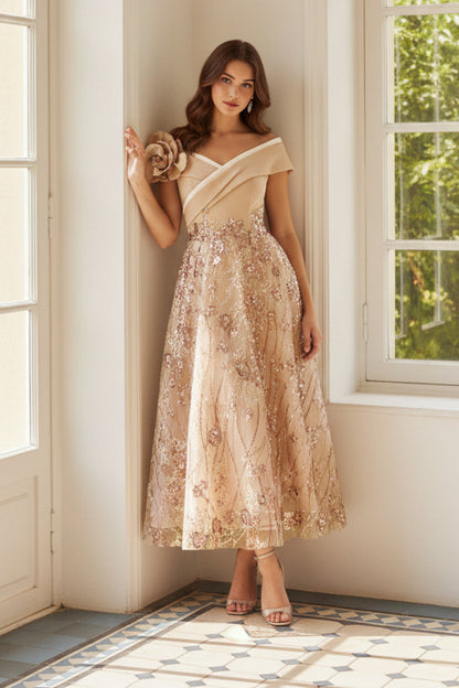 Asymmetric Tea-Length Floral Sequin Dress