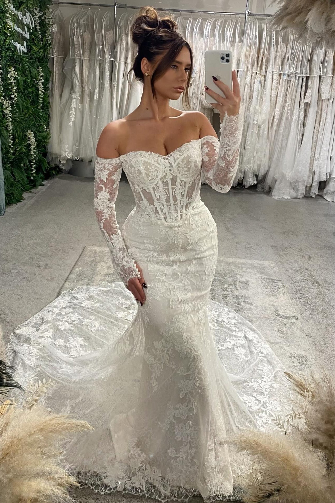 Corset Bodice Lace Mermaid Wedding Dress with Long Sleeves