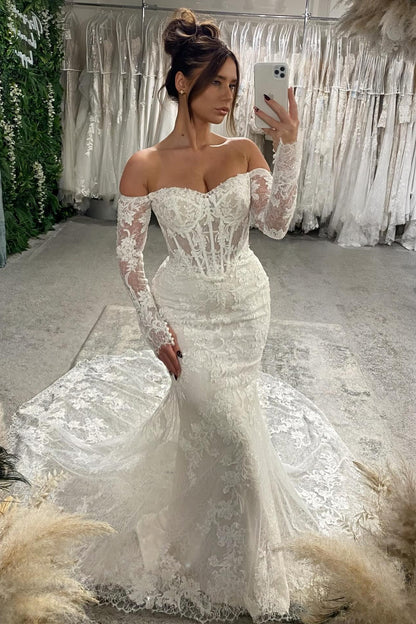 Corset Bodice Lace Mermaid Wedding Dress with Long Sleeves
