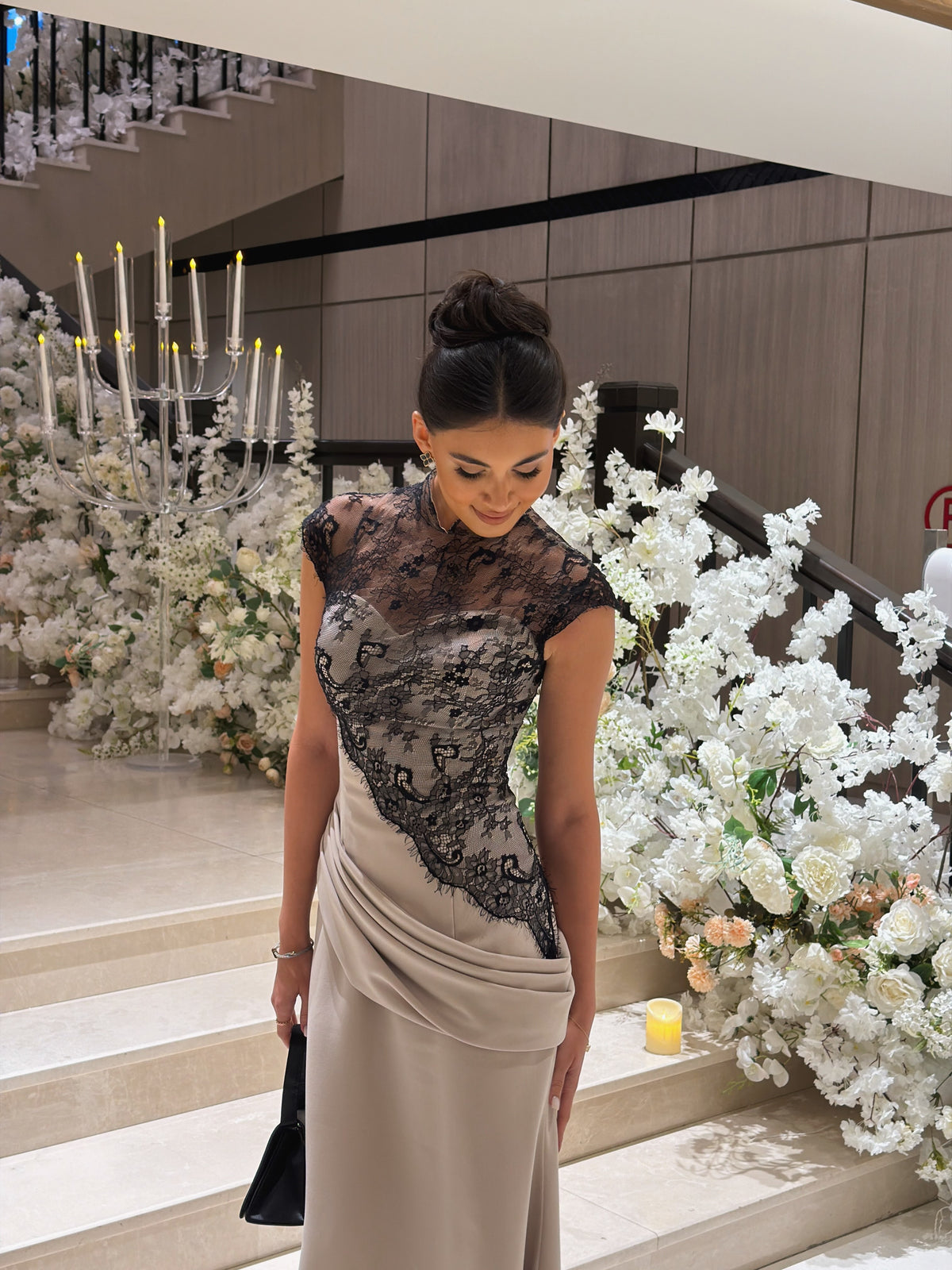 Lace Cap-Sleeve Gown with Draped Waist