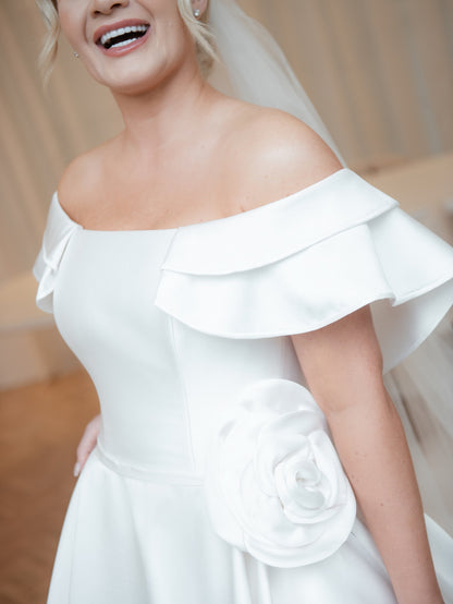 Off-Shoulder Satin A-Line Wedding Dress with 3D Flower
