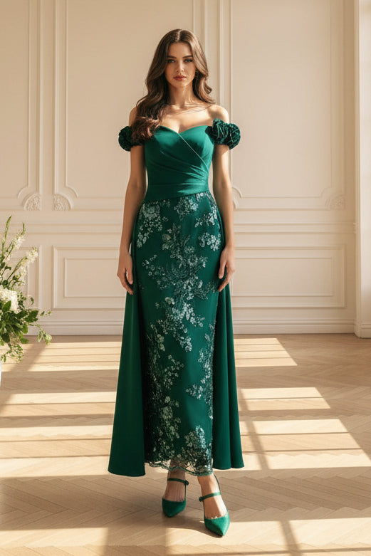 Off-the-Shoulder Floral Sequin Gown with Overskirt