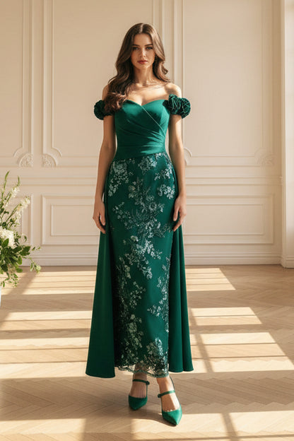 Off-the-Shoulder Floral Sequin Gown with Overskirt
