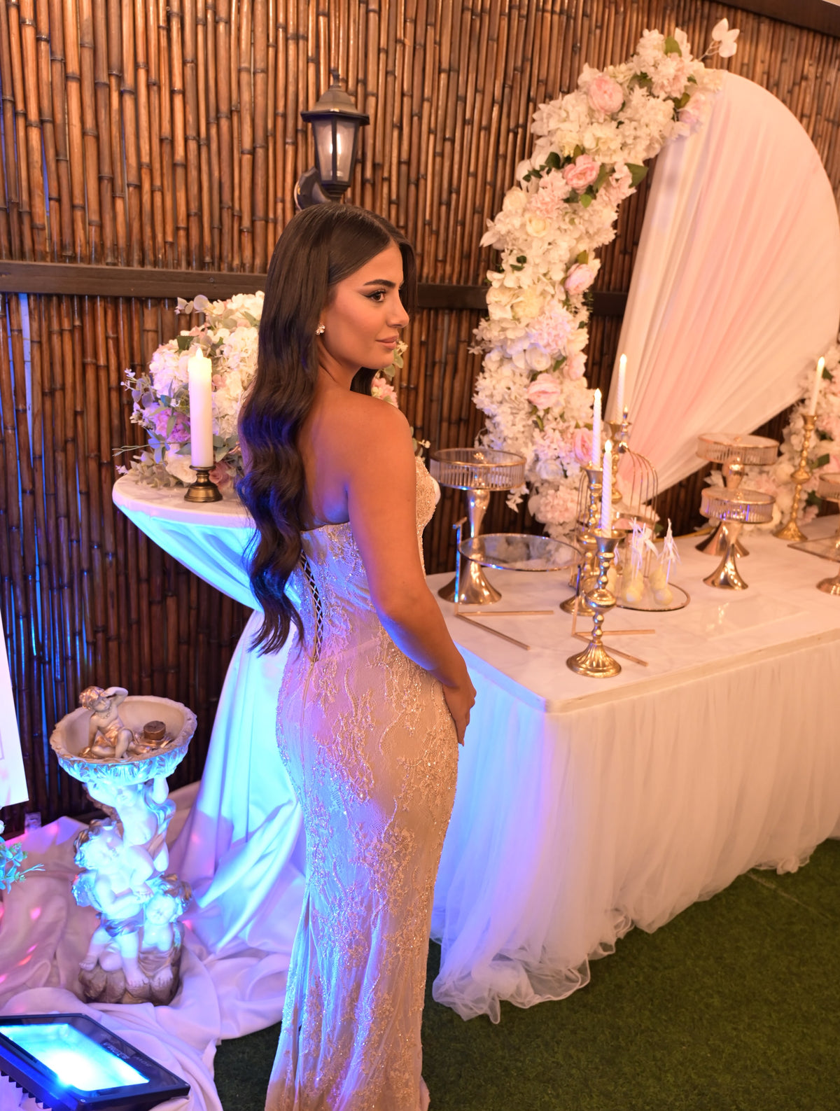 Strapless Lace Sequin Gown with Corset Back