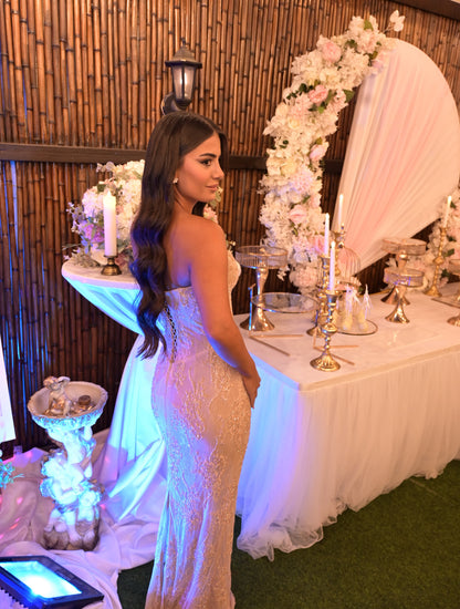 Strapless Lace Sequin Gown with Corset Back