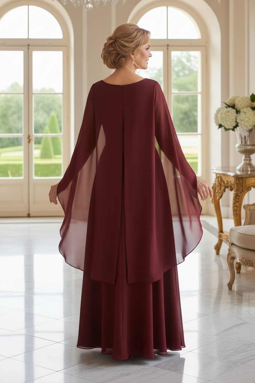 Chiffon Cape Sleeve Gown with Lace Waist Detail
