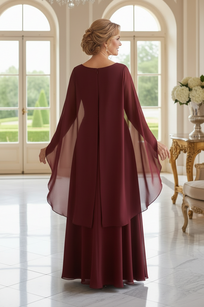 Chiffon Cape Sleeve Gown with Lace Waist Detail