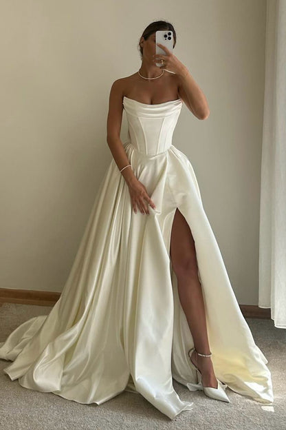 Strapless Corset Satin Wedding Dress with High Slit