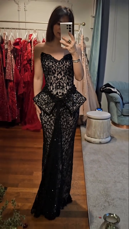 Strapless Lace Peplum Gown with Sequin Accents