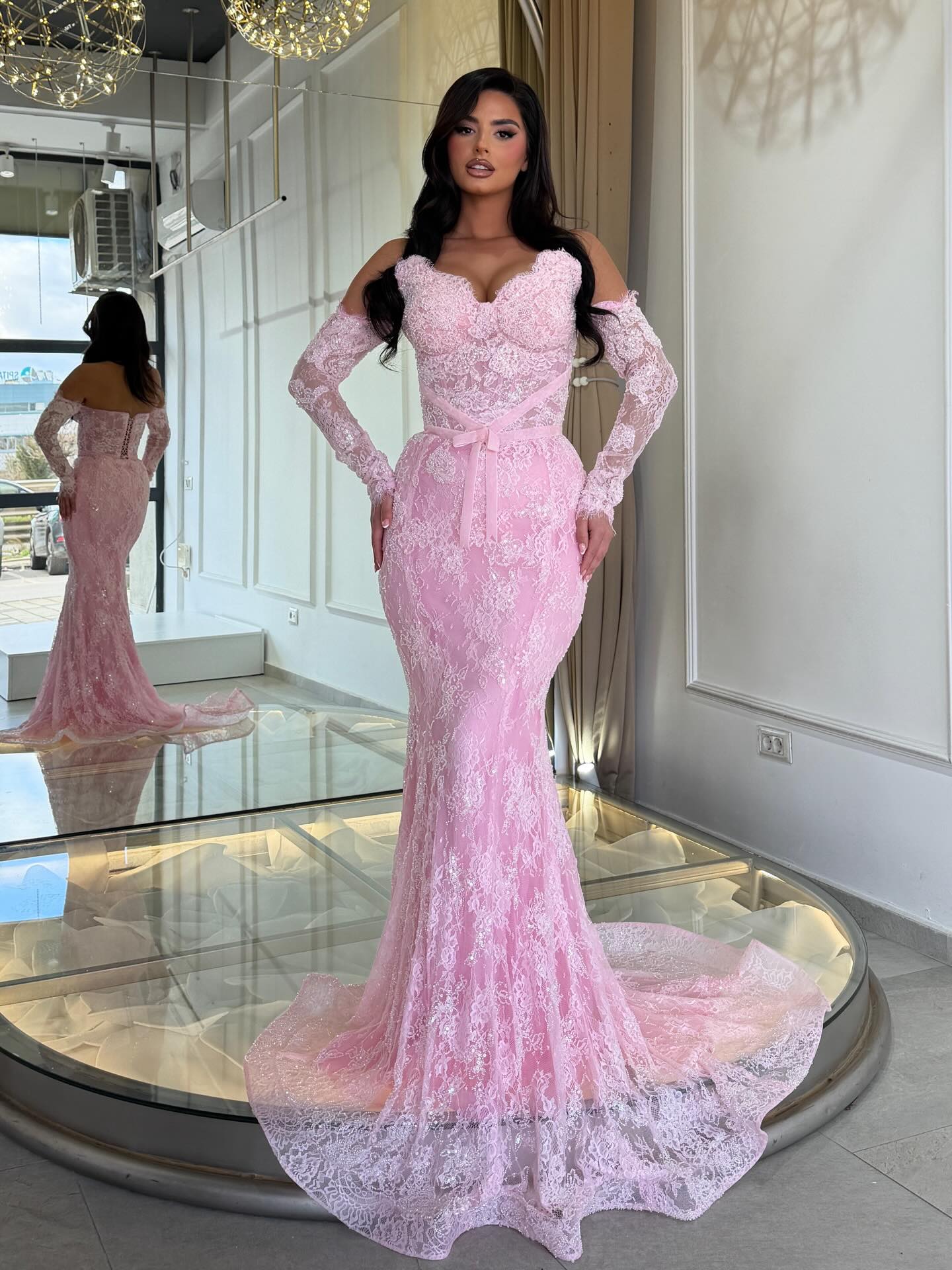Off-the-Shoulder Lace Mermaid Gown with Corset Back